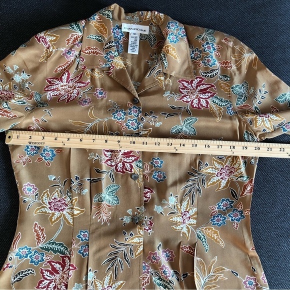 VINTAGE caramel silk button up top earthy floral print padded shoulders 10 - Picture 8 of 10